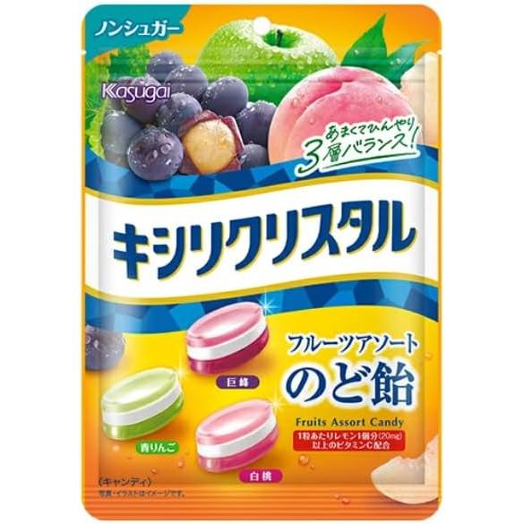 Kasugai Sugar-Free Fruit Hard Candy Assortment 67g bag featuring various fruit illustrations
