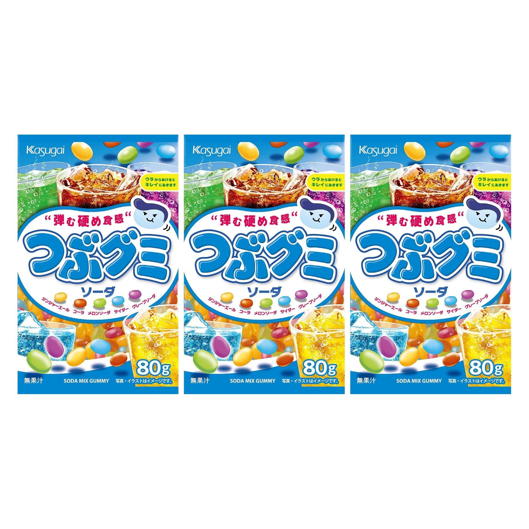 Kasugai Tsubu Mixed Soda Flavor Gummy Candy Pack 3×80g