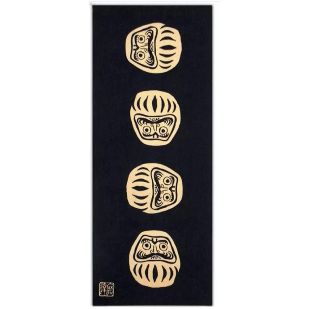 Kenema Black Daruma Tenugui featuring a hand-dyed traditional Japanese Daruma doll design on premium black and white cotton cloth