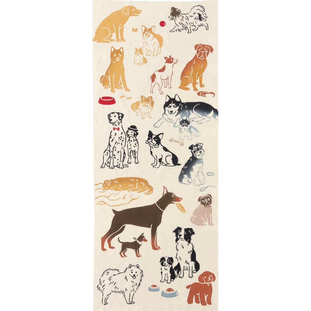 Kenema Hand-Dyed Tenugui featuring artistic dog breed illustrations on white Japanese cotton fabric