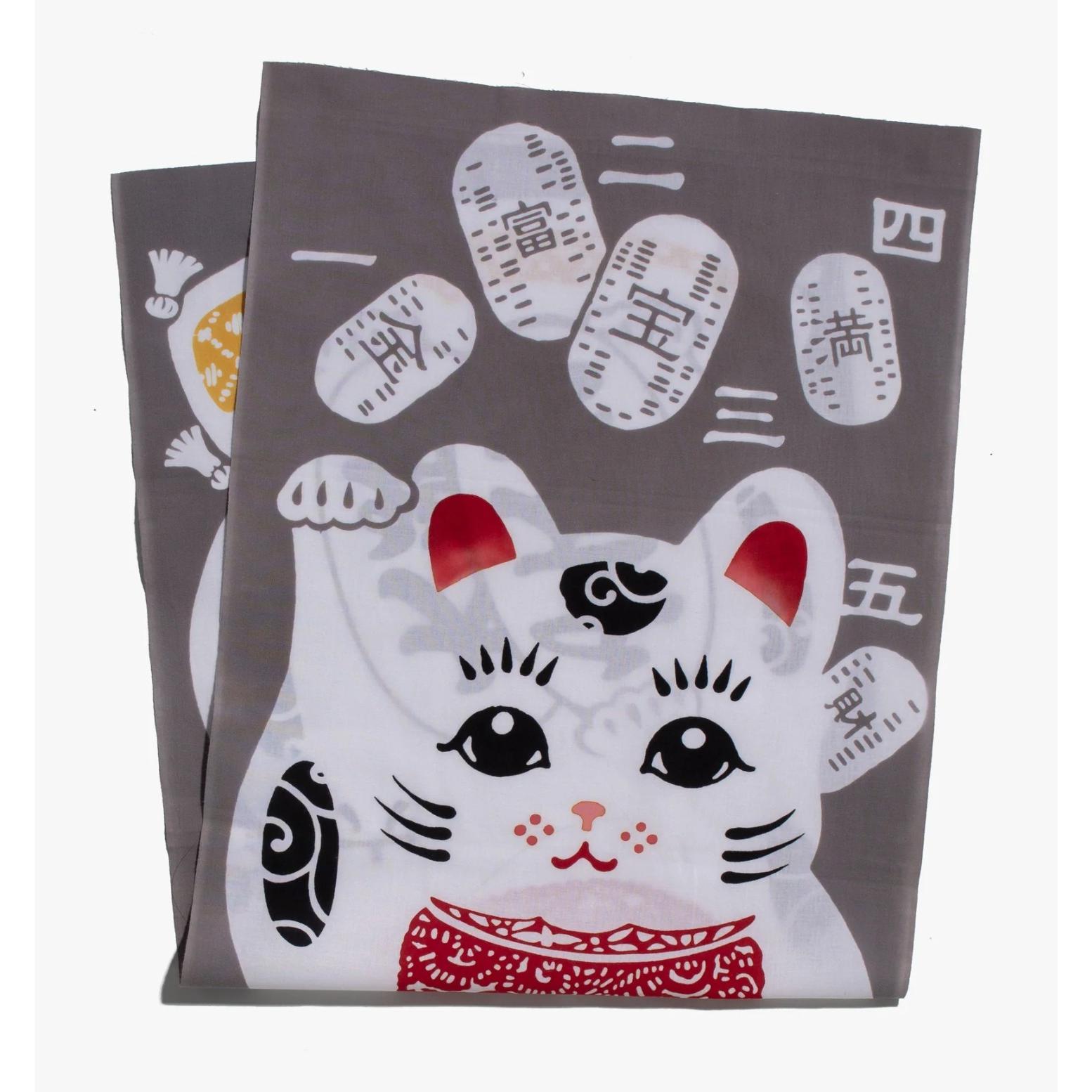 Kenema Hand‑Dyed Maneki Neko Tenugui – 35×90 cm Lucky Cat Cloth