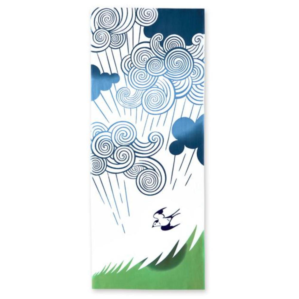 Kenema Hand-Dyed Tenugui featuring blue and grey rain cloud patterns on white cotton fabric
