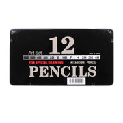 Kitaboshi 12-Piece Premium Art Pencil Set with metal tin showing graphite range from 4H to 6B