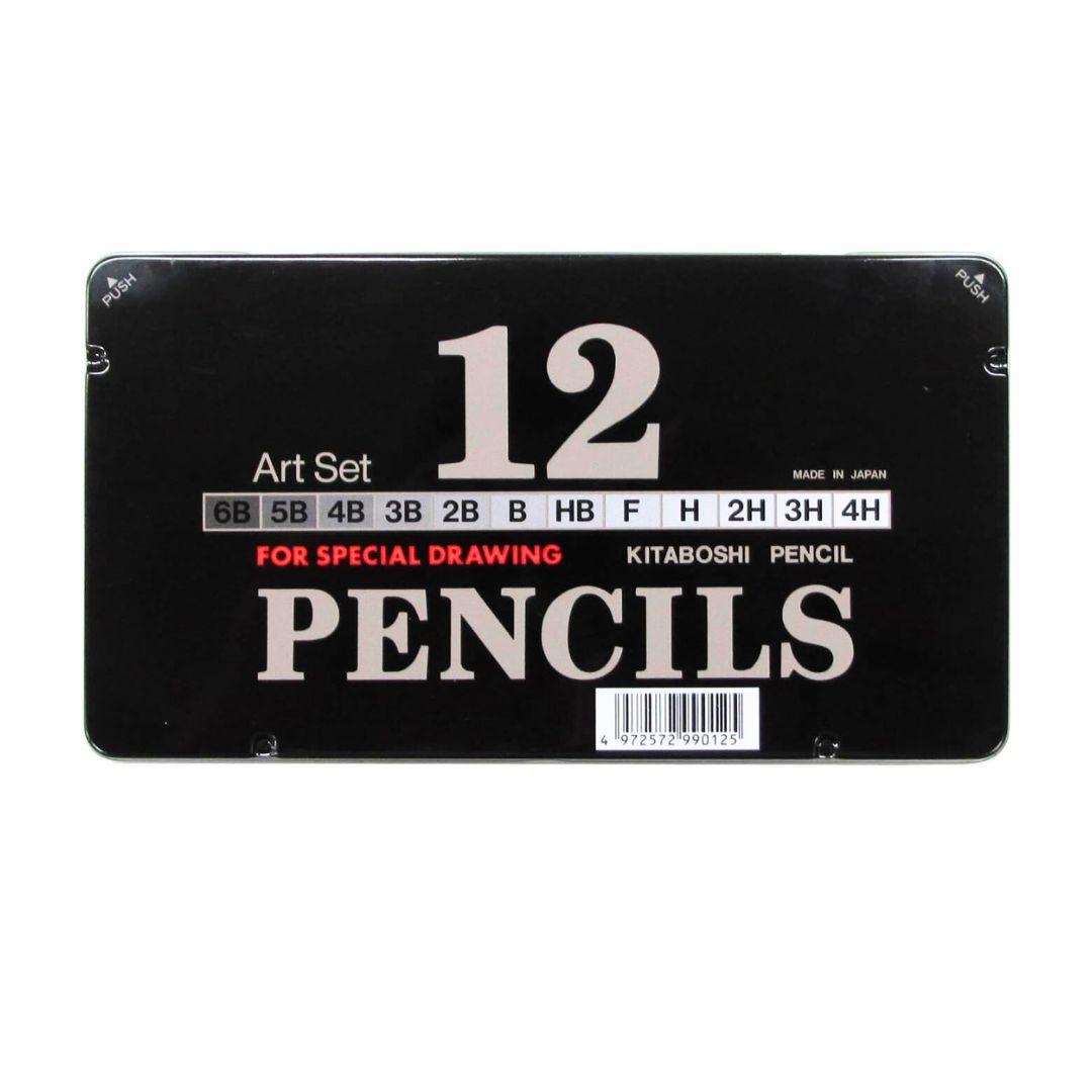 Kitaboshi 12-Piece Premium Art Pencil Set with metal tin showing graphite range from 4H to 6B