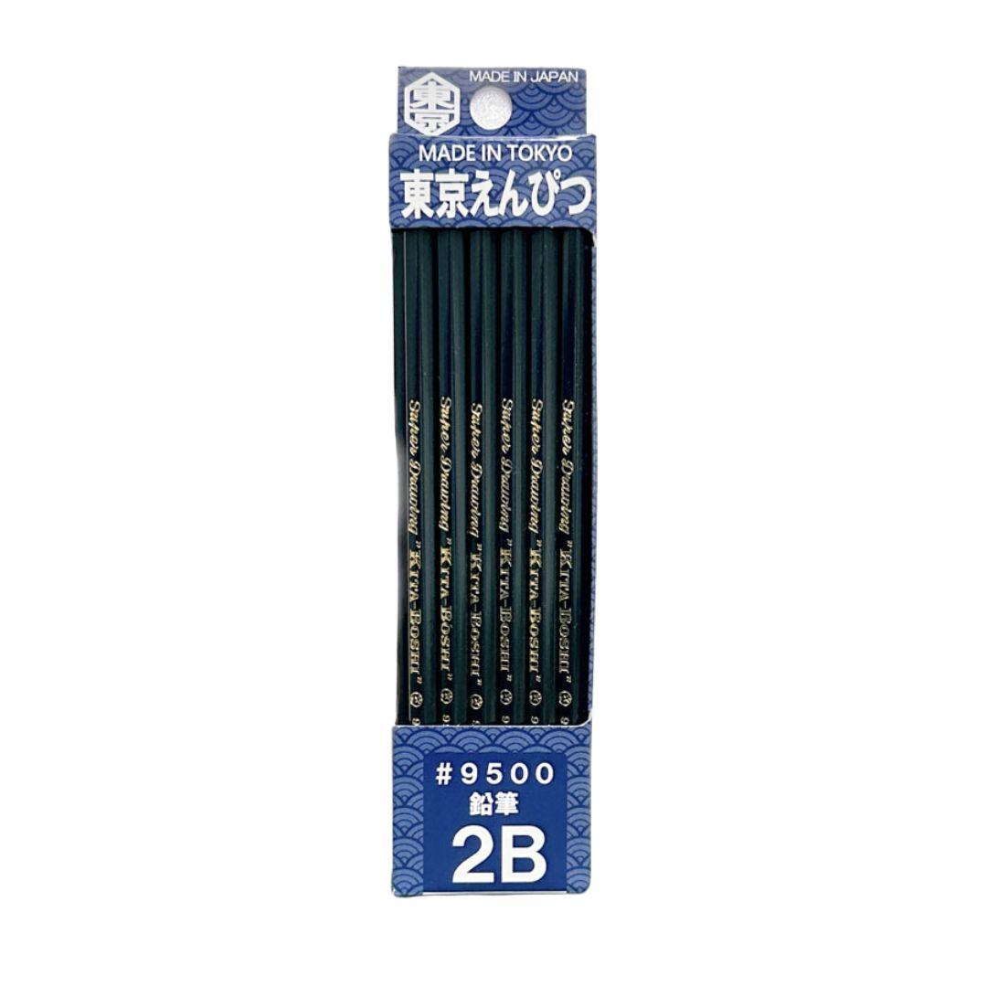Box of 12 Kitaboshi Tokyo 9500 Premium 2B Graphite Pencils with yellow hexagonal barrels