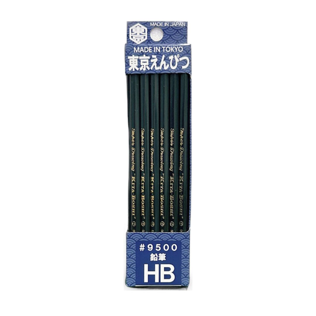 Kitaboshi Tokyo 9500 HB pencils 12-pack in blue and yellow packaging with gold lettering