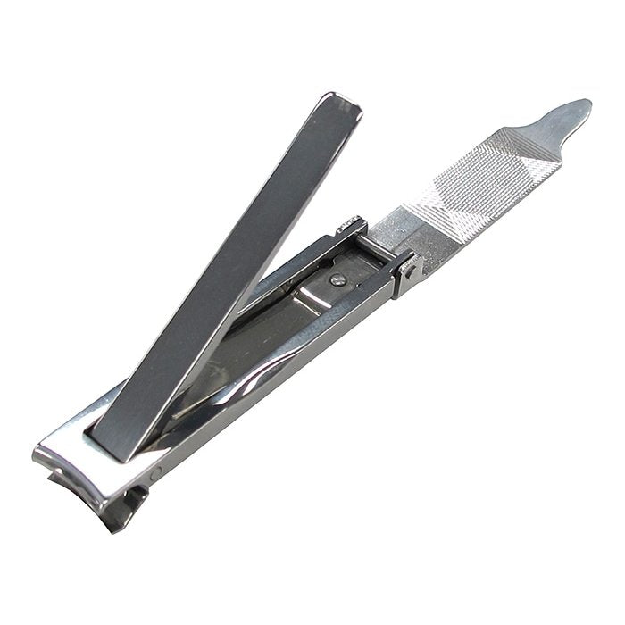 Kiya Ultra-Slim silver Japanese travel nail clippers shown in folded and open positions