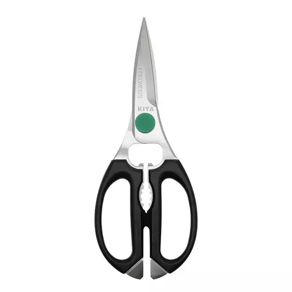 Kiya Edelweiss Stainless Steel Kitchen Scissors showing multi-tool functions and Japanese craftsmanship