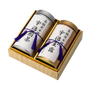 Kiyosen Uji Sencha and Gyokuro loose leaf tea canisters in an elegant Japanese gift box presentation.