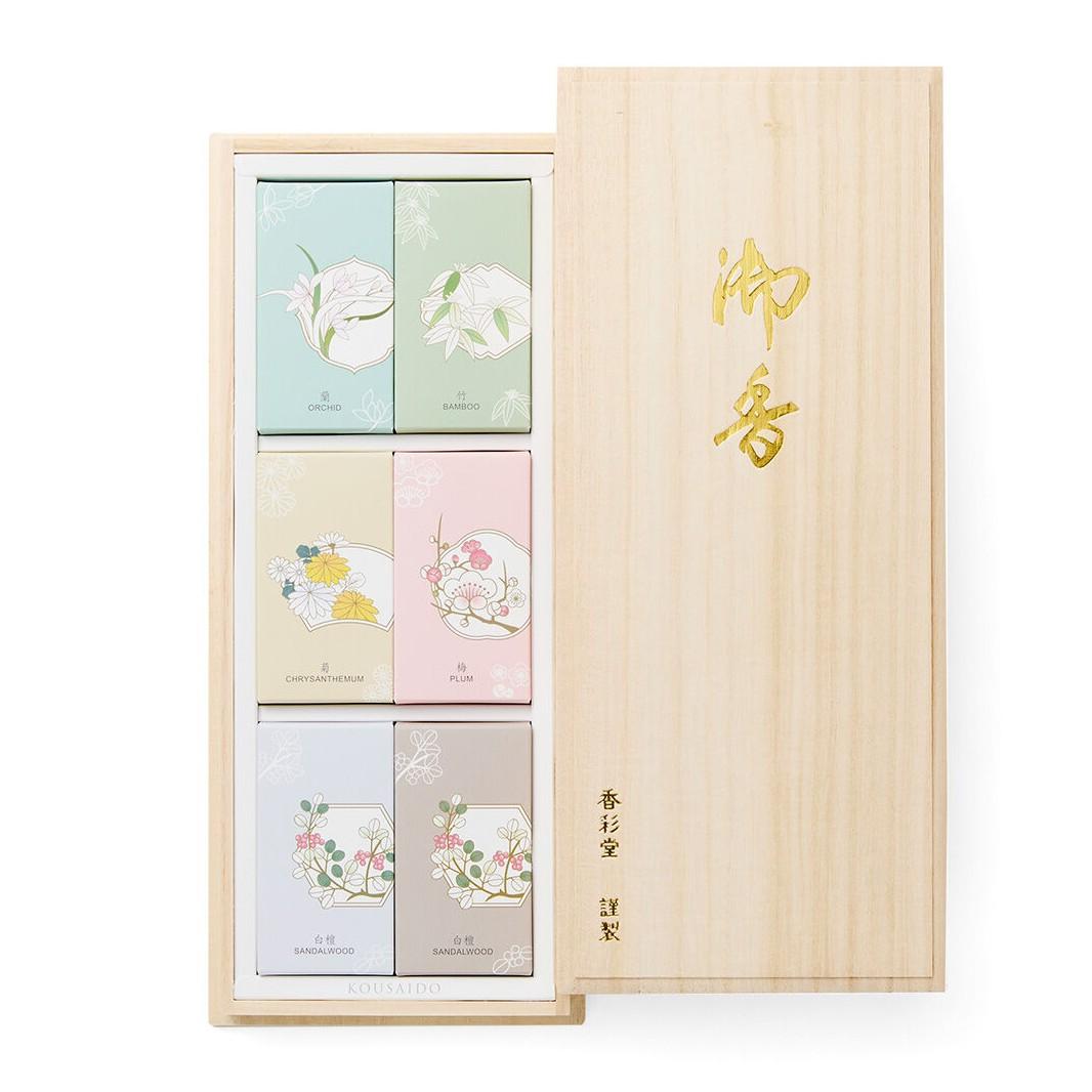 Kousaido 5-Flower Scented Short Incense Sticks in a premium Japanese gift box featuring floral motifs