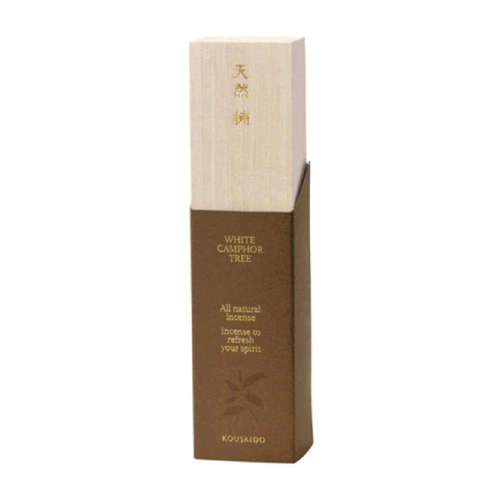 Kousaido White Camphor Incense sticks in a handcrafted wooden box showing 20 sticks