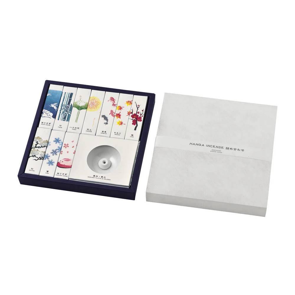 Kousaido Hanga 10-Season Japanese Incense Assortment box with colorful woodblock print designs and ceramic holder