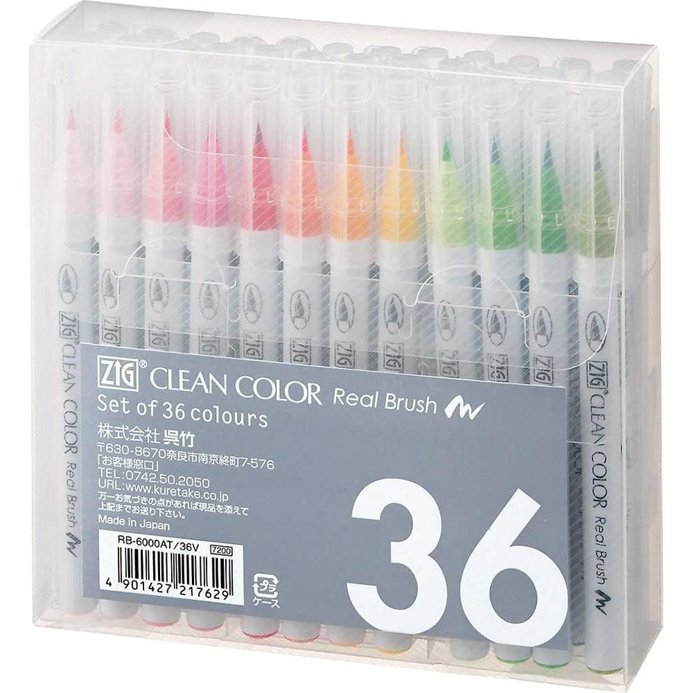 Kuretake ZIG Clean Color Real Brush Marker Set containing 36 vibrant colors in a transparent storage case