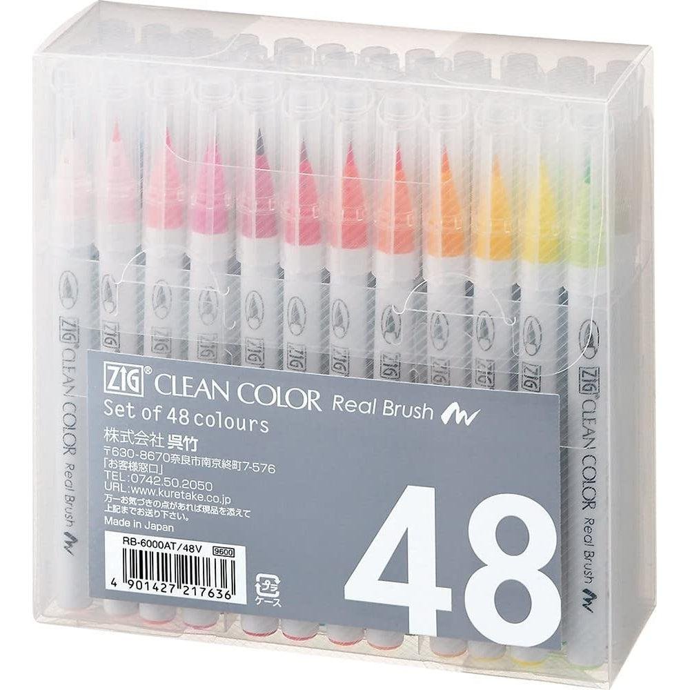 Kuretake ZIG Clean Color Real Brush Marker Set of 48 colors in a clear storage box showing brush tips and vibrant colors