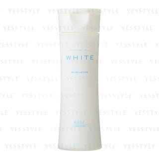 Kose Moisture Mild White Milky Lotion bottle on a bright background, showcasing its creamy texture.
