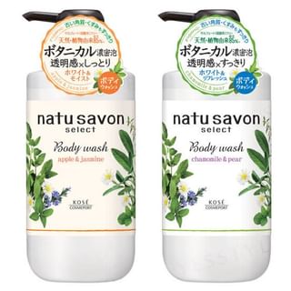 Kose Softymo Natu Savon Select Body Wash bottle on a white background with botanical elements.