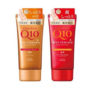 Kose CoenRich Q10 Whitening Hand Cream tube and texture swatch showing rich, moisturizing consistency.