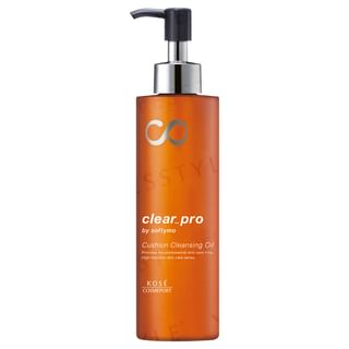 Kose Softymo Clear Pro Cushion Cleansing Oil bottle and pump, showcasing its smooth texture and pore refining benefits.