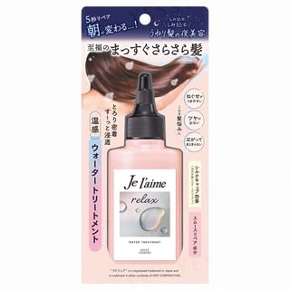 Kose Je l'aime Relax Midnight Repair Water Treatment bottle showing smooth, shiny hair.