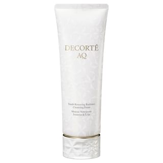 Kose DECORTE AQ Youth Renewing Radiance Cleansing Foam in white and gold packaging, showcasing its luxurious and premium design.