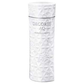 Kose DECORTE AQ Absolute Brightening Lotion bottle on a white background, showcasing its luxurious packaging and highlighting its brightening benefits.