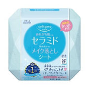 Kose Softymo Ceramide Makeup Remover Sheets package and close-up of a sheet removing makeup.