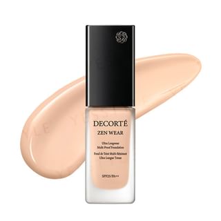 Kose DECORTE Zen Wear Fluid SPF 25 PA++ foundation in its elegant packaging, showcasing the available shade range.