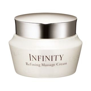Kose INFINITY Refining Massage Cream jar and product application