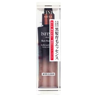 Kose INFINITY Black Hair Essence bottle and close-up of serum application on scalp.