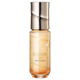 Kose INFINITY Prestigious Rebooting Radiance Serum bottle and packaging, showcasing the luxurious product and its anti-aging benefits.