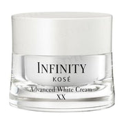 Kose INFINITY Advanced White Cream XX jar and product texture swatch on a bright background.
