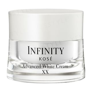 Kose INFINITY Advanced White Cream XX jar and product texture swatch on a bright background.