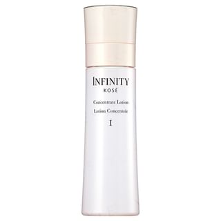 Kose INFINITY Concentrate Lotion I bottle displayed with a dropper, showcasing its hydrating and radiance-boosting properties.