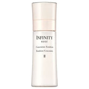 Kose INFINITY Concentrate Emulsion II bottle on a reflective surface, showcasing its luxurious texture and radiant results.