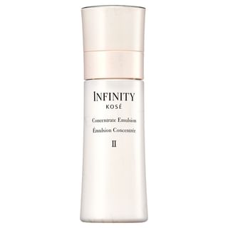 Kose INFINITY Concentrate Emulsion II bottle on a reflective surface, showcasing its luxurious texture and radiant results.