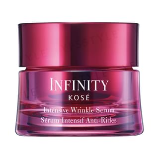 Kose INFINITY Intensive Wrinkle Serum bottle and results showing diminished wrinkles.