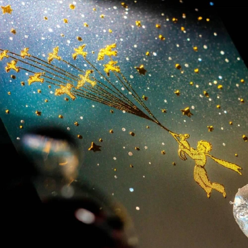 Le Petit Prince Foil‑Stamped Postcard – Migratory Birds Starry Design