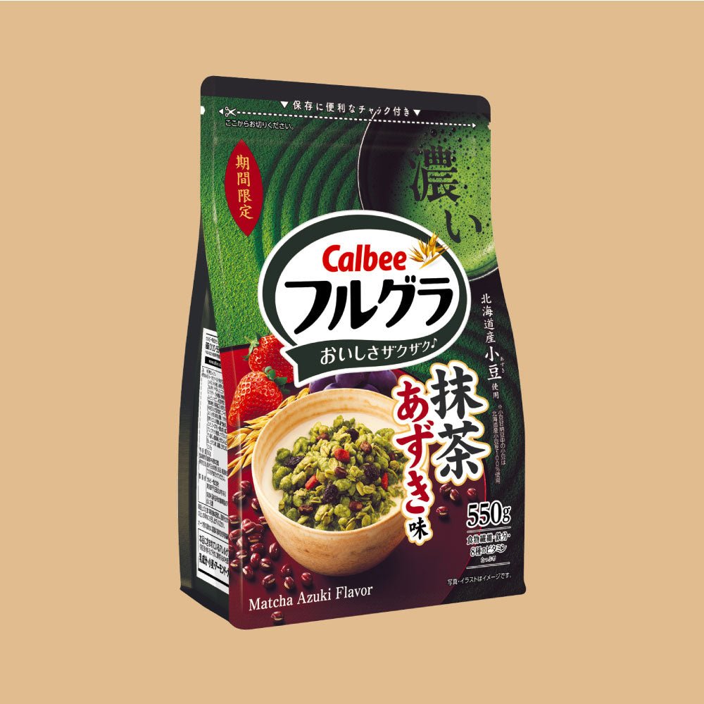 Calbee Frugra Matcha Azuki Granola 550g - Limited Edition, Oat and Rye Grain, Hokkaido Azuki, Strawberry and Raisin Topping
