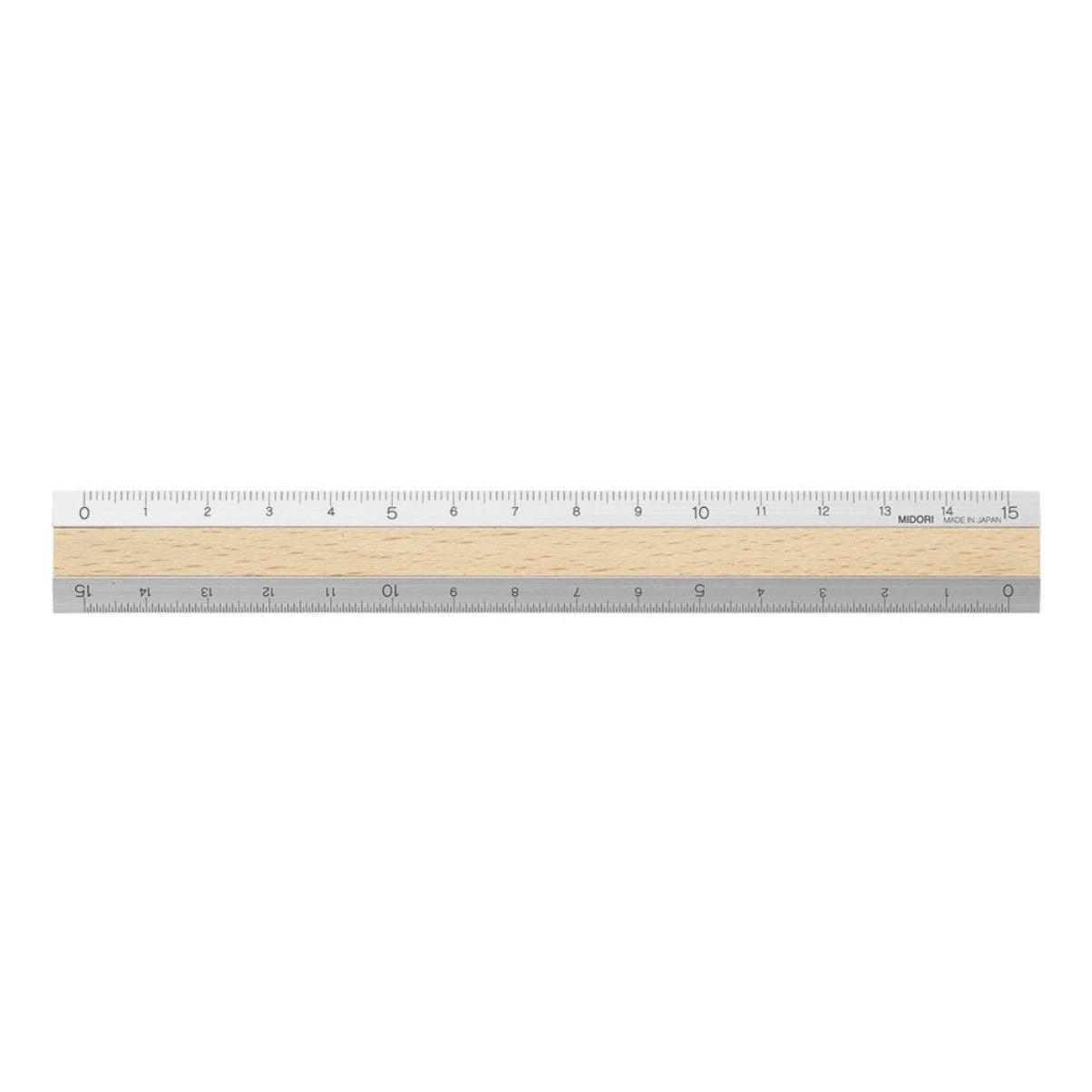 Midori 15cm Metal and Wood Metric Ruler with Laser‑Engraved Scale