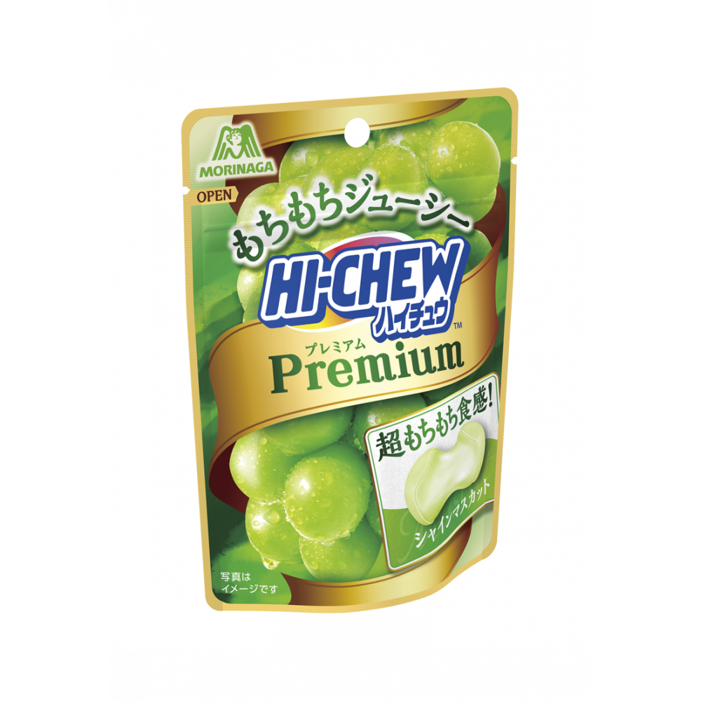 Morinaga Premium Hi-Chew Shine Muscat 35g resealable pouch featuring green grapes
