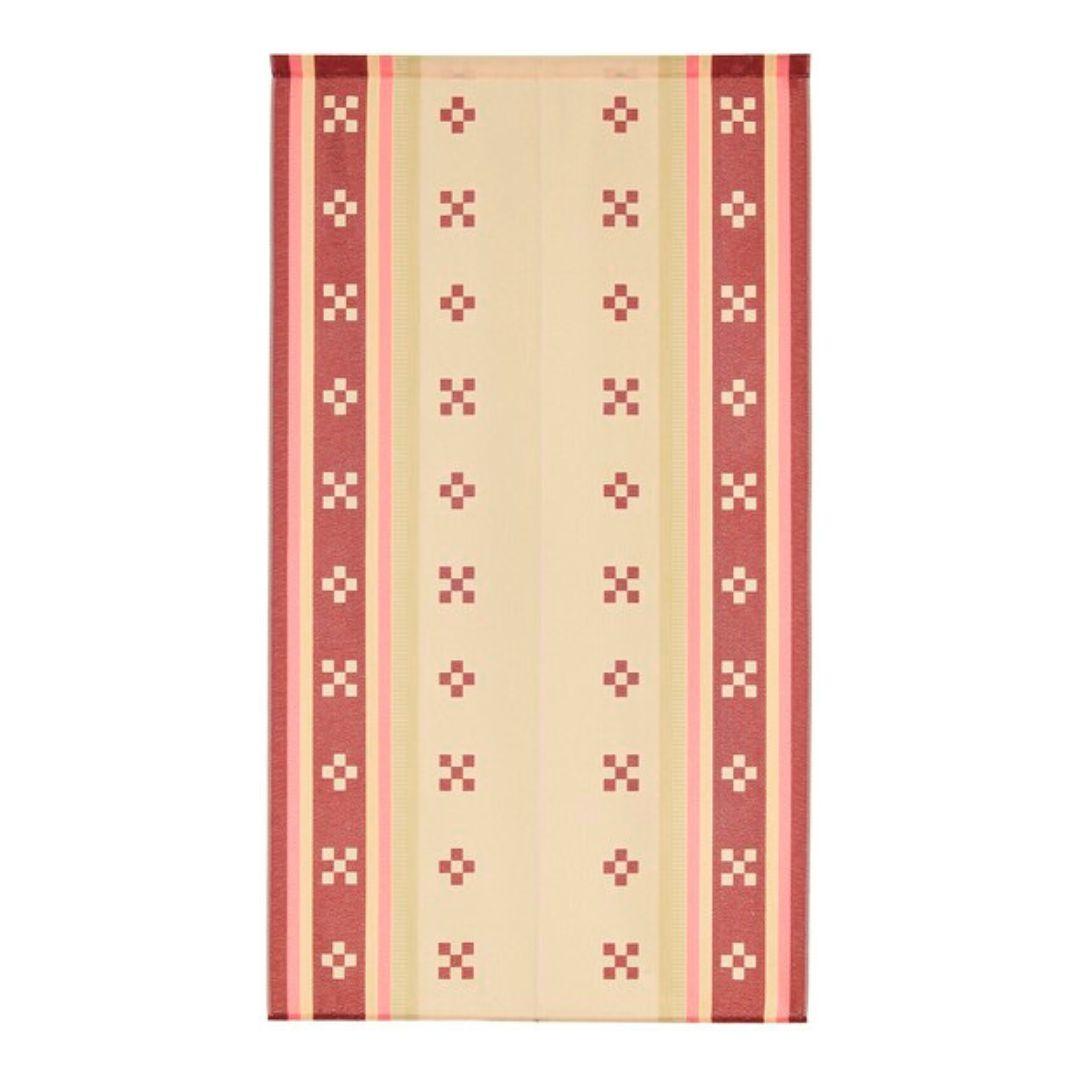 Traditional Japanese Red Kasuri Noren doorway curtain with white Eternal Love motif hanging in a wooden doorway