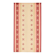Traditional Japanese Red Kasuri Noren doorway curtain with white Eternal Love motif hanging in a wooden doorway