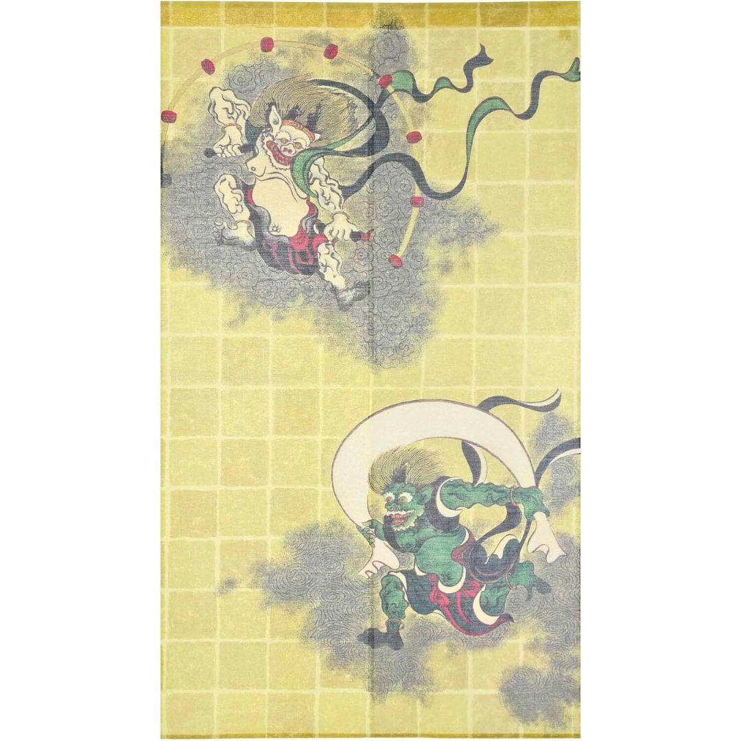 Japanese Noren curtain featuring Fujin Wind God and Raijin Thunder God with gold thread accents on 85x150cm fabric