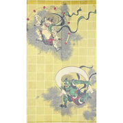 Japanese Noren curtain featuring Fujin Wind God and Raijin Thunder God with gold thread accents on 85x150cm fabric