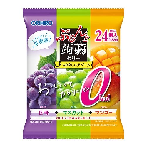 Orihiro Zero Calorie Fruit Konjac Jelly Assortment 432g bag showing grape and orange flavors