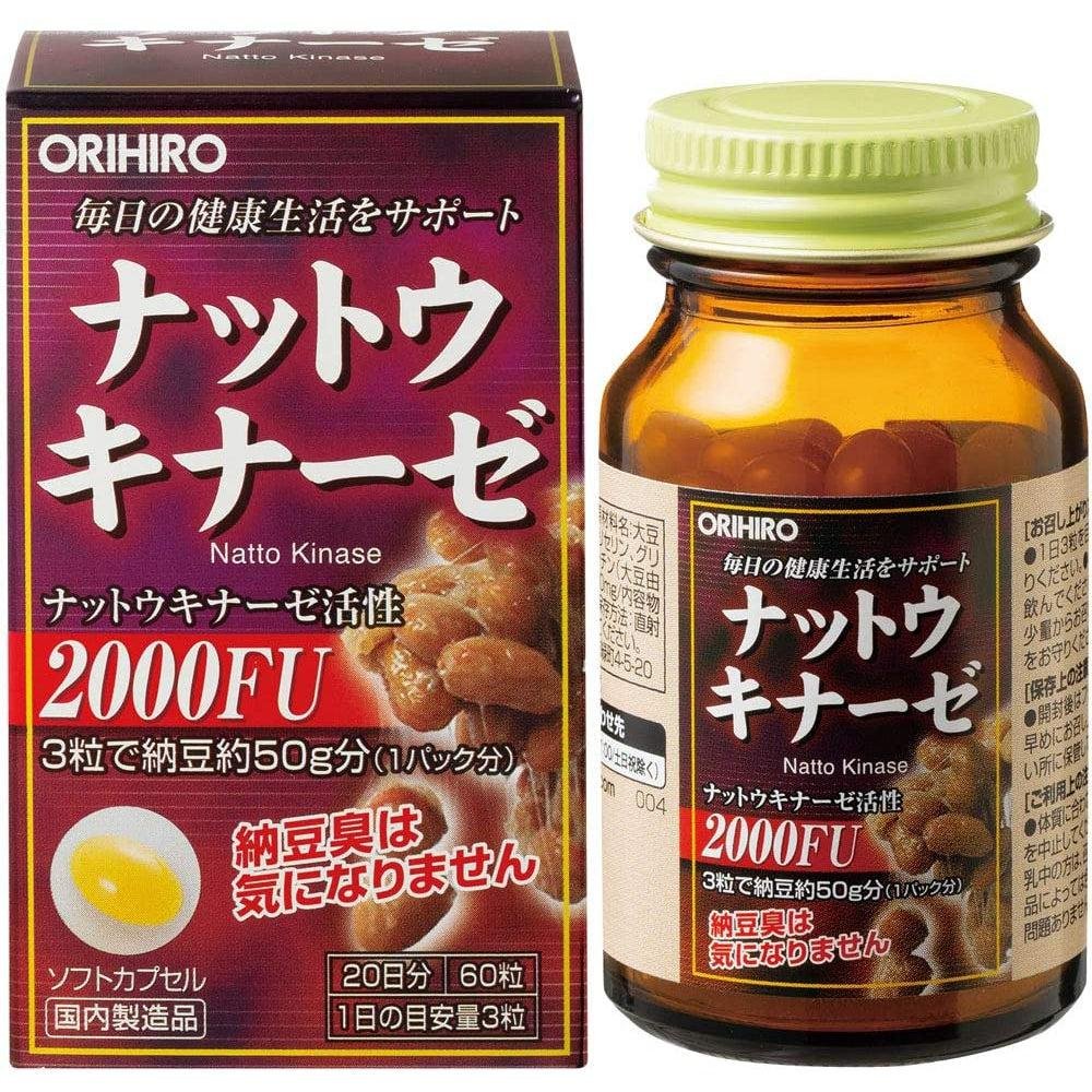 Orihiro Nattokinase 60 softgels bottle featuring Japanese packaging and cardiovascular health icons