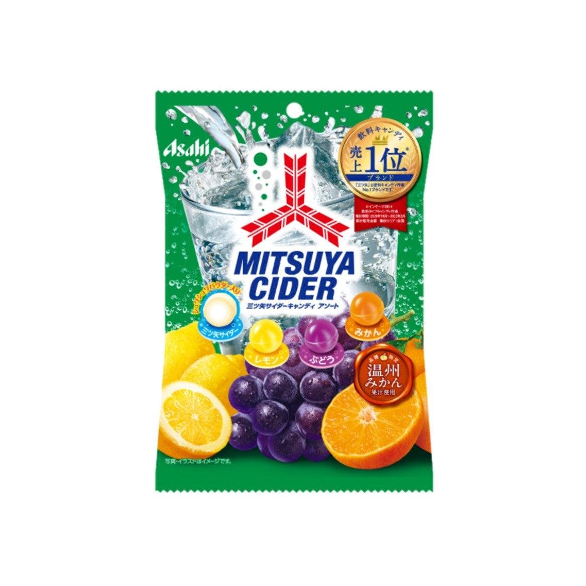 Asahi Mitsuya Cider Assorted Fruit Candy 6-pack showing colorful packaging and fruit illustrations