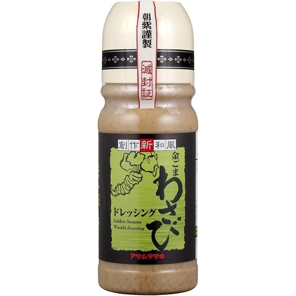 Asamurasaki Kingoma Wasabi Sesame Dressing 220ml bottle with golden sesame and wasabi imagery on label
