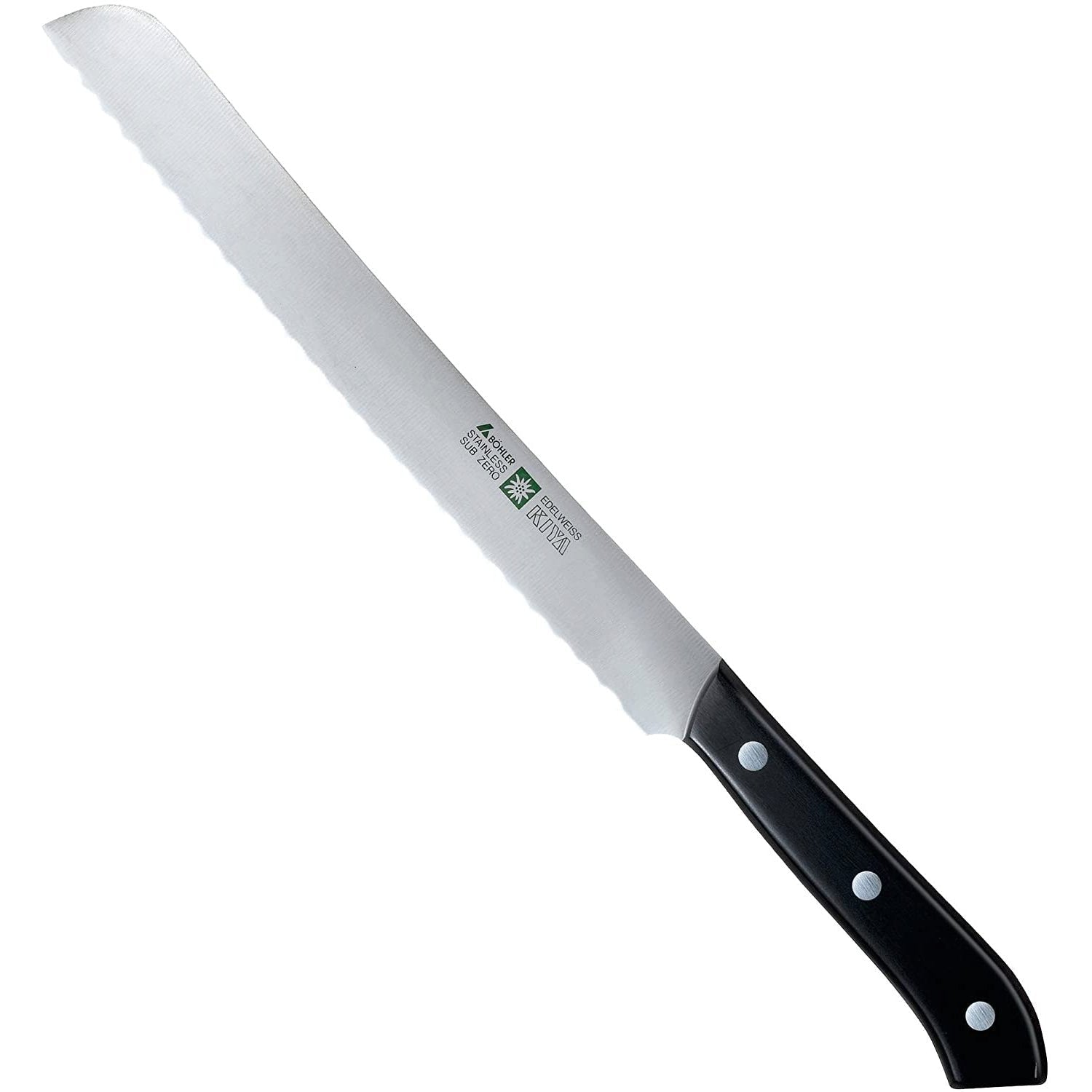 Kiya No.180 Edelweiss Japanese Bread Knife 225mm with serrated stainless steel blade and ergonomic wood handle