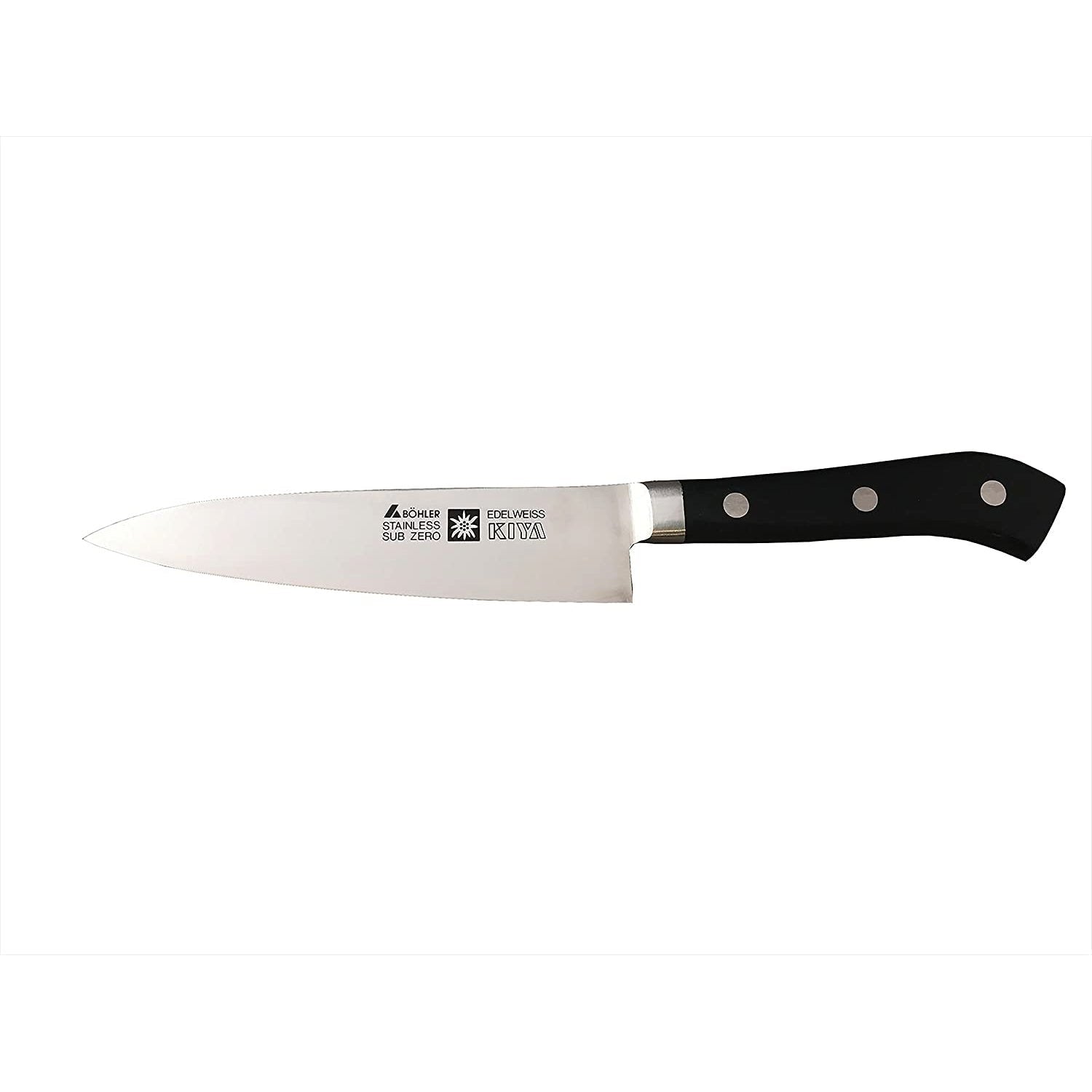Kiya No. 160 Edelweiss Steel 120mm Petty Knife with black handle and silver bolster